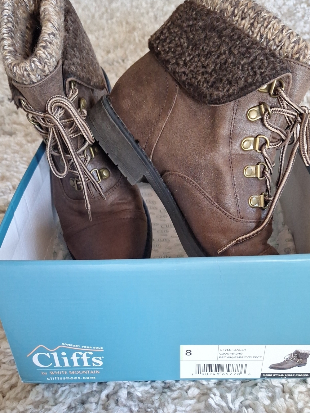 Cliffs by WHITE MOUNTAIN Brown Lace-Up Knit Cuff Ankle Boots